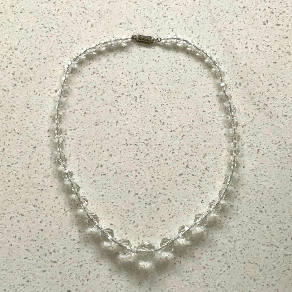 Vintage Clear Cut Crystal Glass Necklace with Silvertone Chain and Clasp 19”